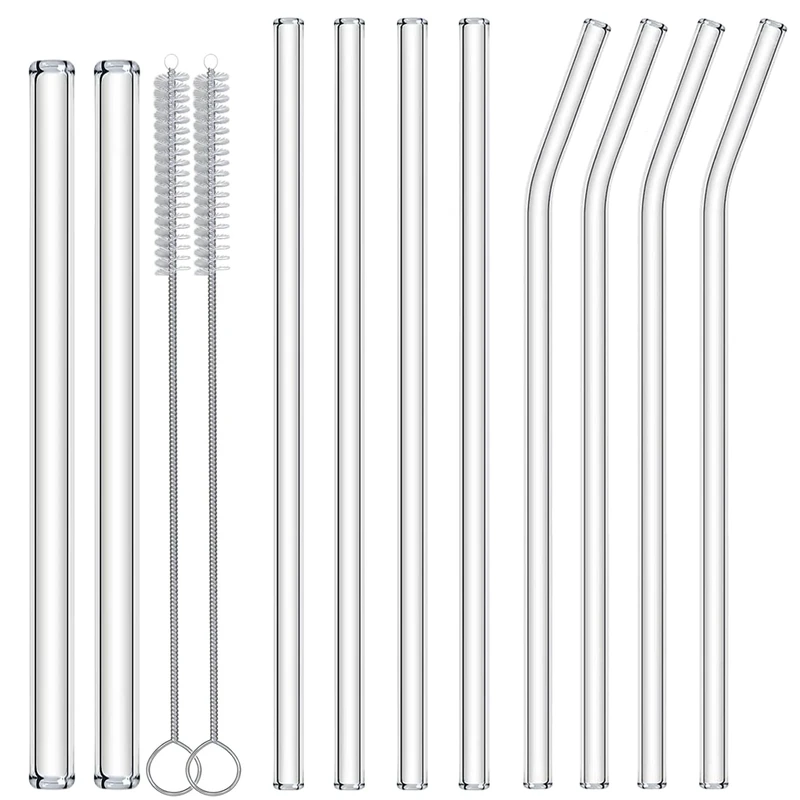 NAFENDER Reusable Glass Straws 10-Pack Drinking Straw 4 Bent + 4 Straight + 2 Wider Smoothie Straws with 2 Cleaning Brushes - Image 1