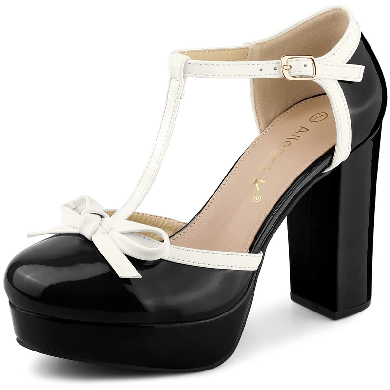 Allegra K Women's Platform Bow T Strap Chunky Heels Pumps, Black, 6 UK