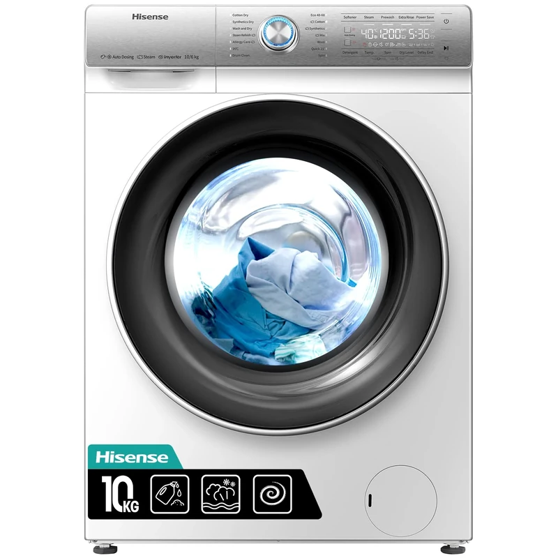 Hisense WDQR1014EVAJM Freestanding 10 KG Front Load Washer Dryer Auto Dosing Steam Wash Big LED Touchscreen 1400 RPM 10 kg/6 kg Load White Energy Rating E