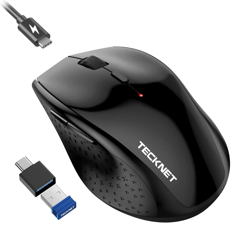 TECKNET PRO Wireless Mouse Jiggler - Rechargeable 2.4G Ergonomic Silent Mouse with USB to USB C Adapter, 6400 DPI Adjustable, Type-C Charging & Auto-Sleep, Compatible with Windows/Mac/Chrome OS, Black