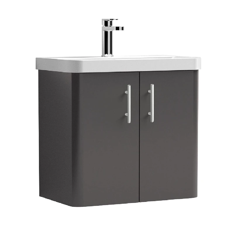 nuie COR90533 Core Modern Bathroom Furniture Bundle-Wall Hung 2 Soft Close Door Vanity Basin Unit & Knurled Bar Handle, 600mm, Gloss Grey Mist/Satin Chrome