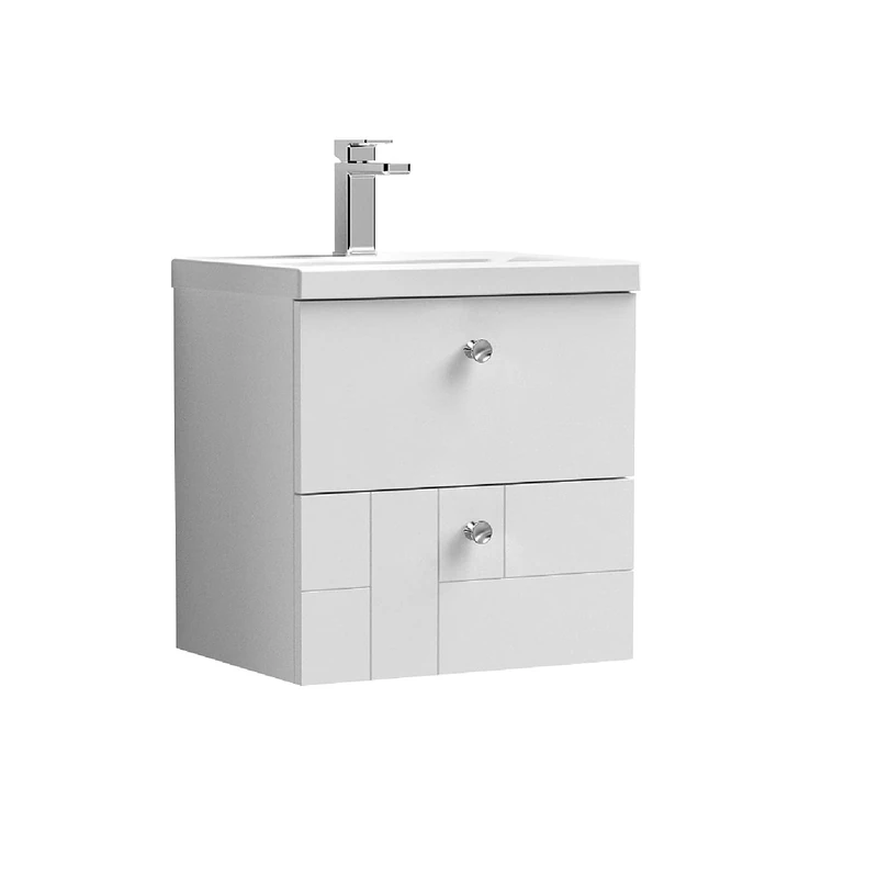 nuie BLO105A4 Blocks Modern Bathroom Furniture Bundle-Wall Hung 2 Soft Close Drawer Vanity Basin Unit & Indented Round Knob Handle, 500mm, Satin White/Chrome