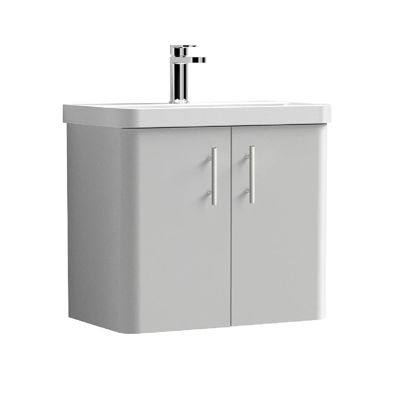nuie COR40533 Core Modern Bathroom Furniture Bundle-Wall Hung 2 Soft Close Door Vanity Basin Unit & Knurled Bar Handle, 600mm, Satin Chrome, Gloss Grey Mist