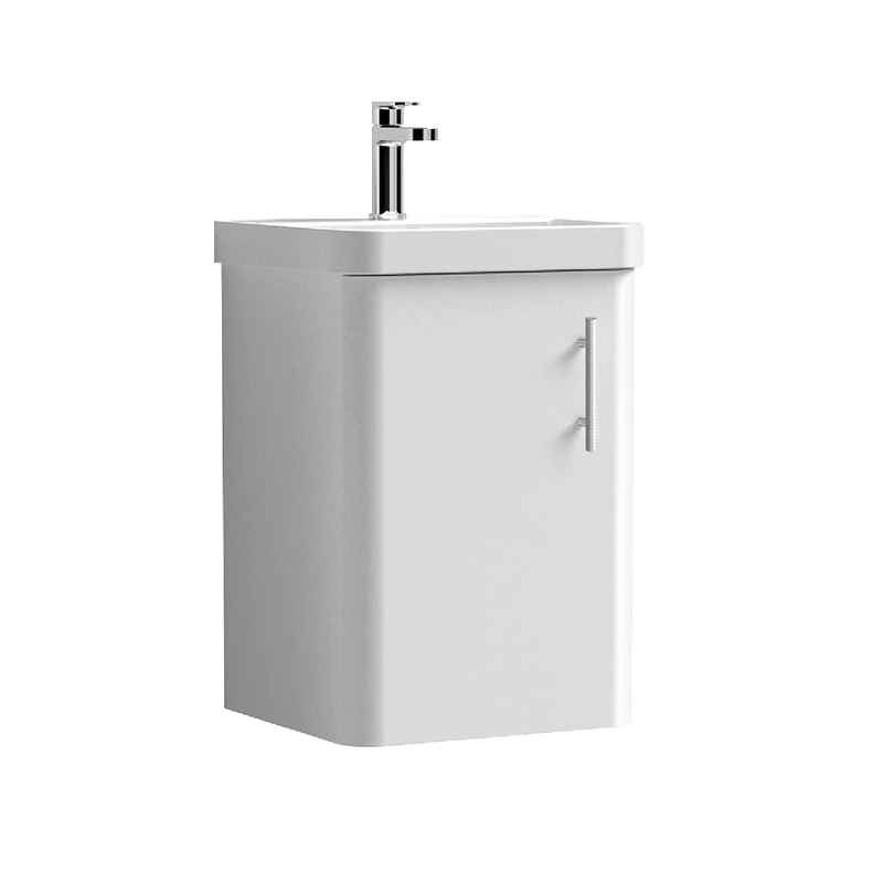 nuie COR10133 Core Modern Bathroom Furniture Bundle-Wall Hung 1 Soft Close Door Vanity Basin Unit & Knurled Bar Handle, 400mm, Gloss White/Satin Chrome