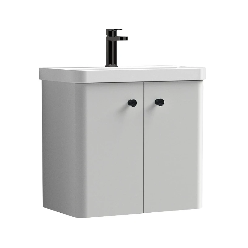 nuie COR4055 Core Modern Bathroom Furniture Bundle-Wall Hung 2 Soft Close Door Vanity Basin Unit & Indented Round Knob Handle, 600mm, Matt Black, Gloss Grey Mist