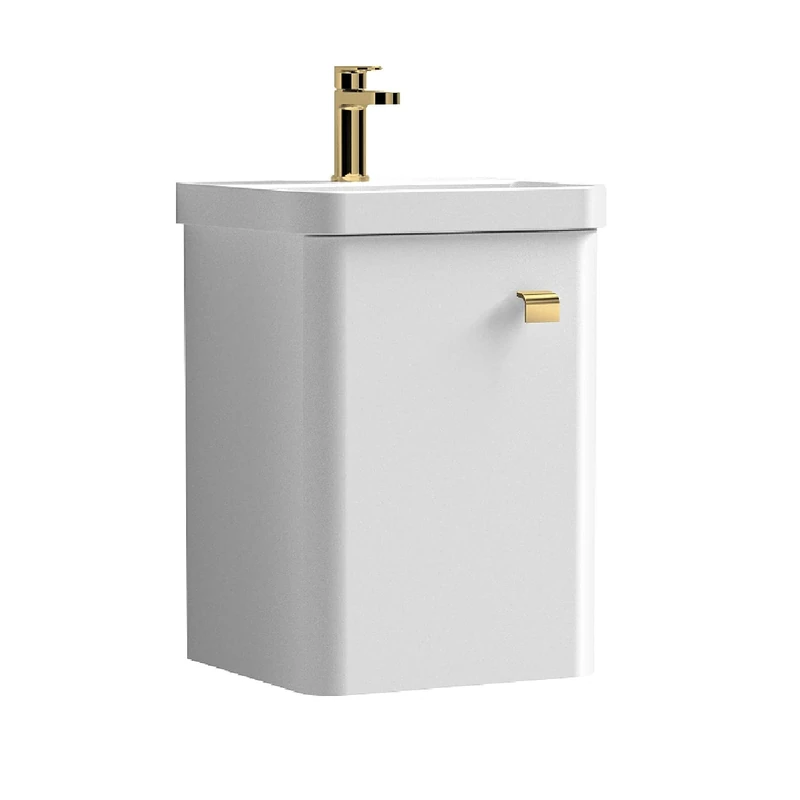 nuie COR1013 Core Modern Bathroom Furniture Bundle-Wall Hung 1 Soft Close Door Vanity Basin Unit & Square Drop Handle, 400mm, Gloss White/Brushed Brass