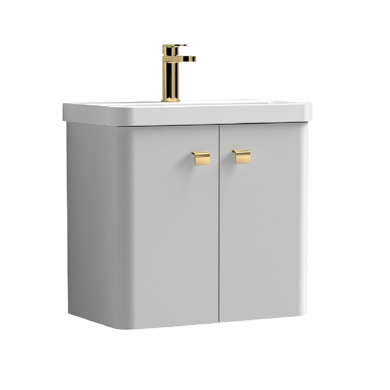 nuie COR4053 Core Modern Bathroom Furniture Bundle-Wall Hung 2 Soft Close Door Vanity Basin Unit & Square Drop Handle, 600mm, Brushed Brass, Gloss Grey Mist
