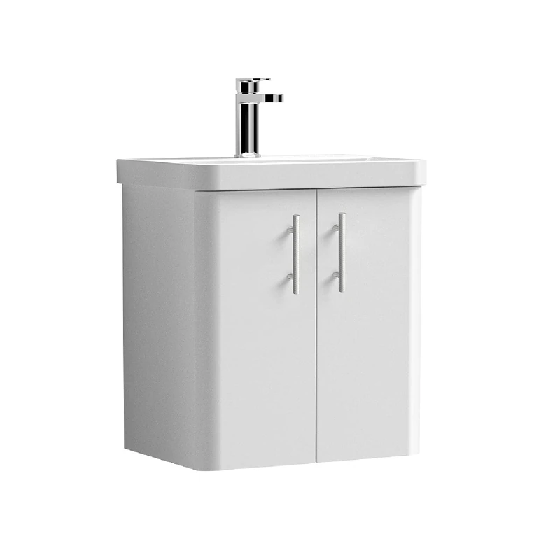 nuie COR10333 Core Modern Bathroom Furniture Bundle-Wall Hung 2 Soft Close Door Vanity Basin Unit & Knurled Bar Handle, 500mm, Gloss White/Satin Chrome