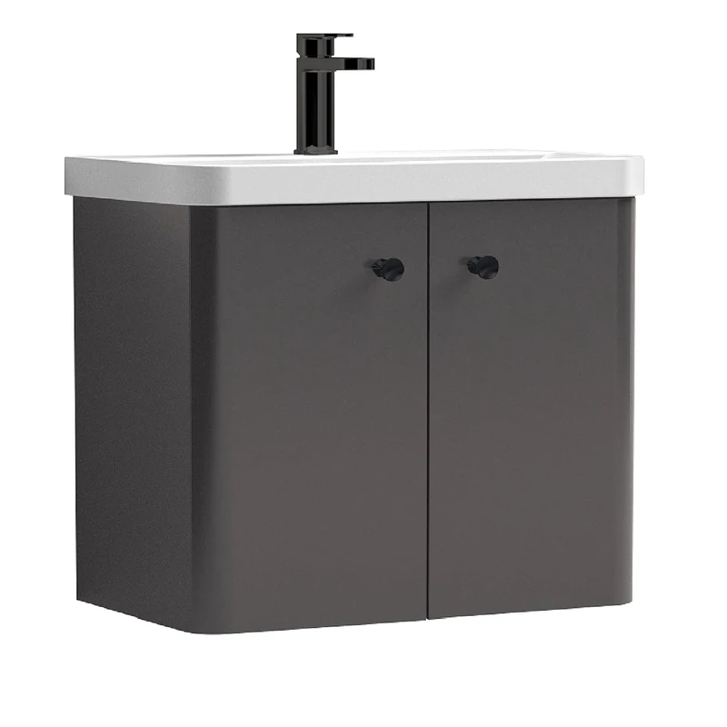 nuie COR9055 Core Modern Bathroom Furniture Bundle-Wall Hung 2 Soft Close Door Vanity Basin Unit & Indented Round Knob Handle, 600mm, Gloss Grey Mist/Matt Black