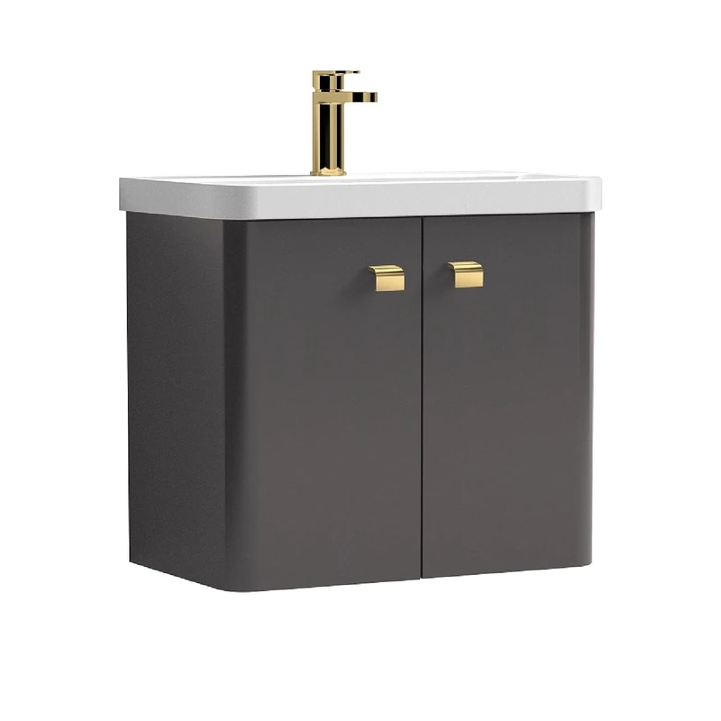 nuie COR9053 Core Modern Bathroom Furniture Bundle-Wall Hung 2 Soft Close Door Vanity Basin Unit & Square Drop Handle, 600mm, Gloss Grey Mist/Brushed Brass