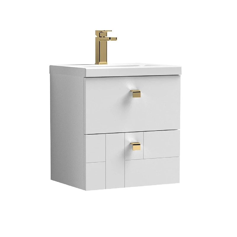 nuie BLO105A3 Blocks Modern Bathroom Furniture Bundle-Wall Hung 2 Soft Close Drawer Vanity Basin Unit & Square Drop Handle, 500mm, Satin White/Brushed Brass