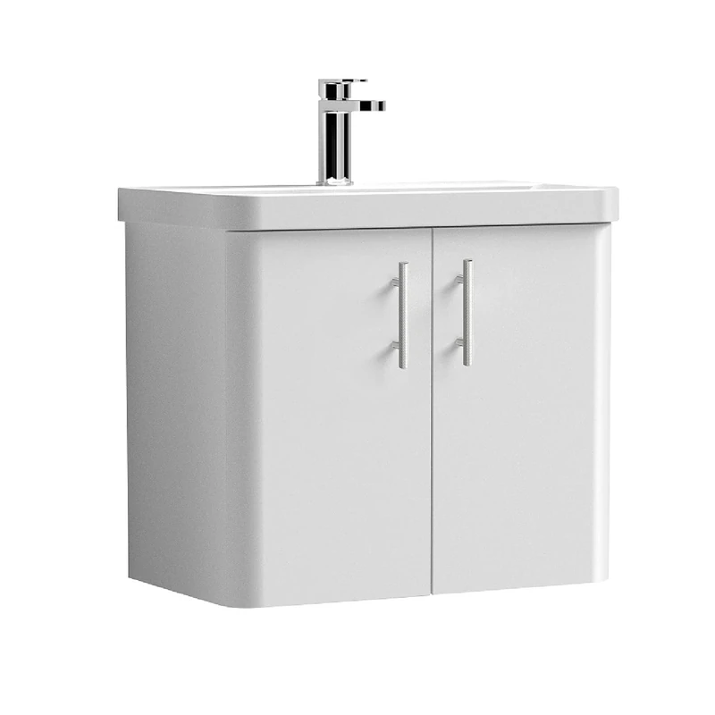 nuie COR10533 Core Modern Bathroom Furniture Bundle-Wall Hung 2 Soft Close Door Vanity Basin Unit & Knurled Bar Handle, 600mm, Gloss White/Satin Chrome
