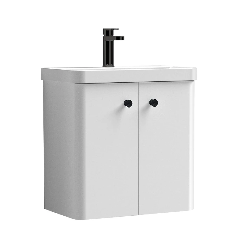 nuie COR1055 Core Modern Bathroom Furniture Bundle-Wall Hung 2 Soft Close Door Vanity Basin Unit & Indented Round Knob Handle, 600mm, Gloss White/Matt Black