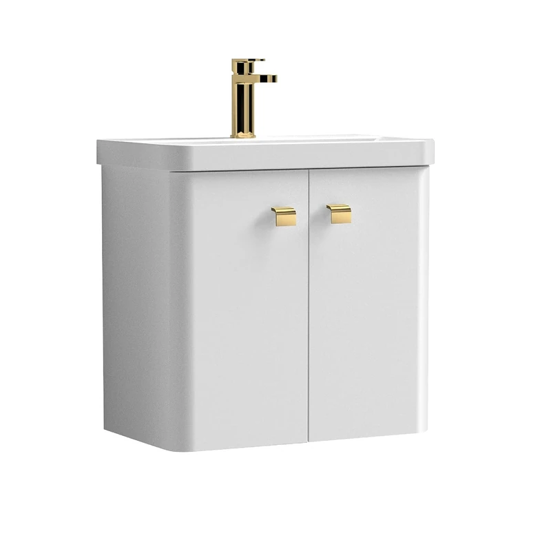 nuie COR1053 Core Modern Bathroom Furniture Bundle-Wall Hung 2 Soft Close Door Vanity Basin Unit & Square Drop Handle, 600mm, Gloss White/Brushed Brass