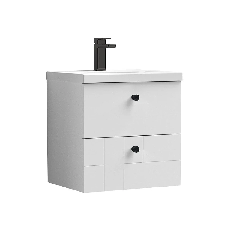nuie BLO105A5 Blocks Modern Bathroom Furniture Bundle-Wall Hung 2 Soft Close Drawer Vanity Basin Unit & Indented Round Knob Handle, 500mm, Satin White/Matt Black