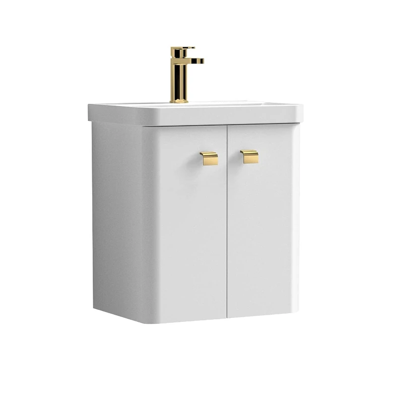 nuie COR1033 Core Modern Bathroom Furniture Bundle-Wall Hung 2 Soft Close Door Vanity Basin Unit & Square Drop Handle, 500mm, Gloss White/Brushed Brass