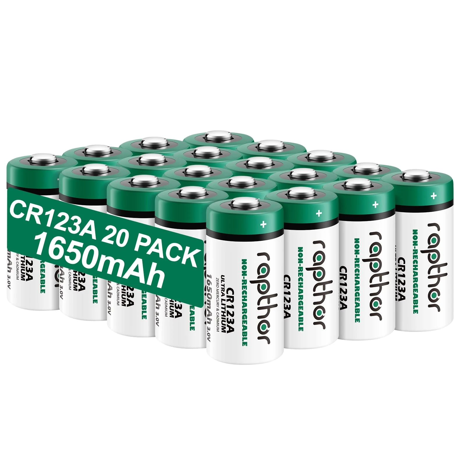 Rapthor 1650mAh CR123A 3V Lithium Battery CR123 123A CR17345 High Power Lithium Batteries with Built-in PTC for Flashlight Cameras Toys Alarm System Microphones (20Pack)