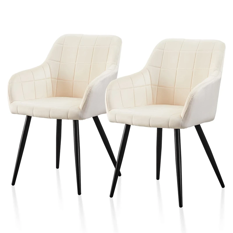 TUKAILAi Cream Velvet Dining Chairs Set of 2, Upholstered Leisure Kitchen Counter Chairs with Backrest and Metal Legs,Occasional Living Room Tub Chairs for Lounge Restaurants Reception