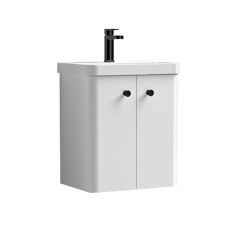 nuie COR1035 Core Modern Bathroom Furniture Bundle-Wall Hung 2 Soft Close Door Vanity Basin Unit & Indented Round Knob Handle, 500mm, Gloss White/Matt Black