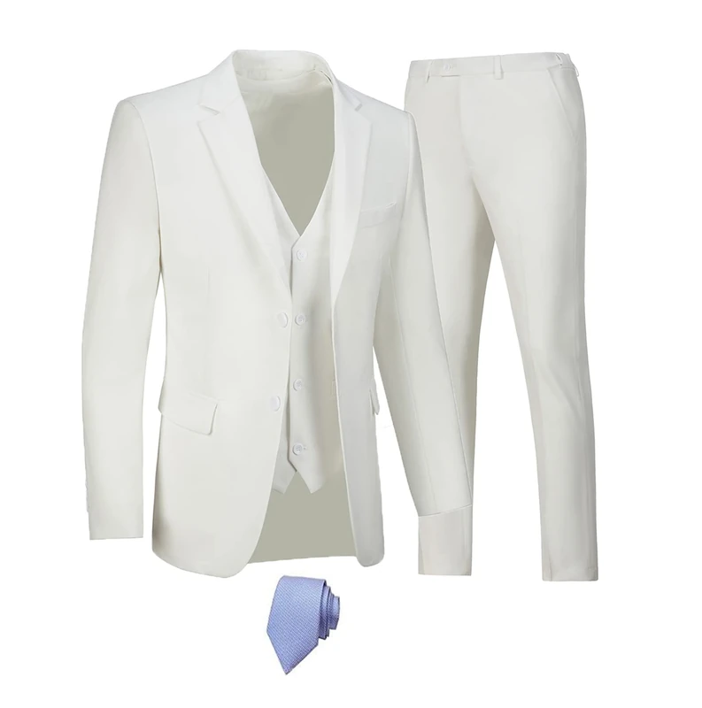 Furuyal Men's 3 Piece Suit Set Slim Fit Two Button Wedding Business Tuxedo Jacket Vest Pants with Tie, Ivory, M