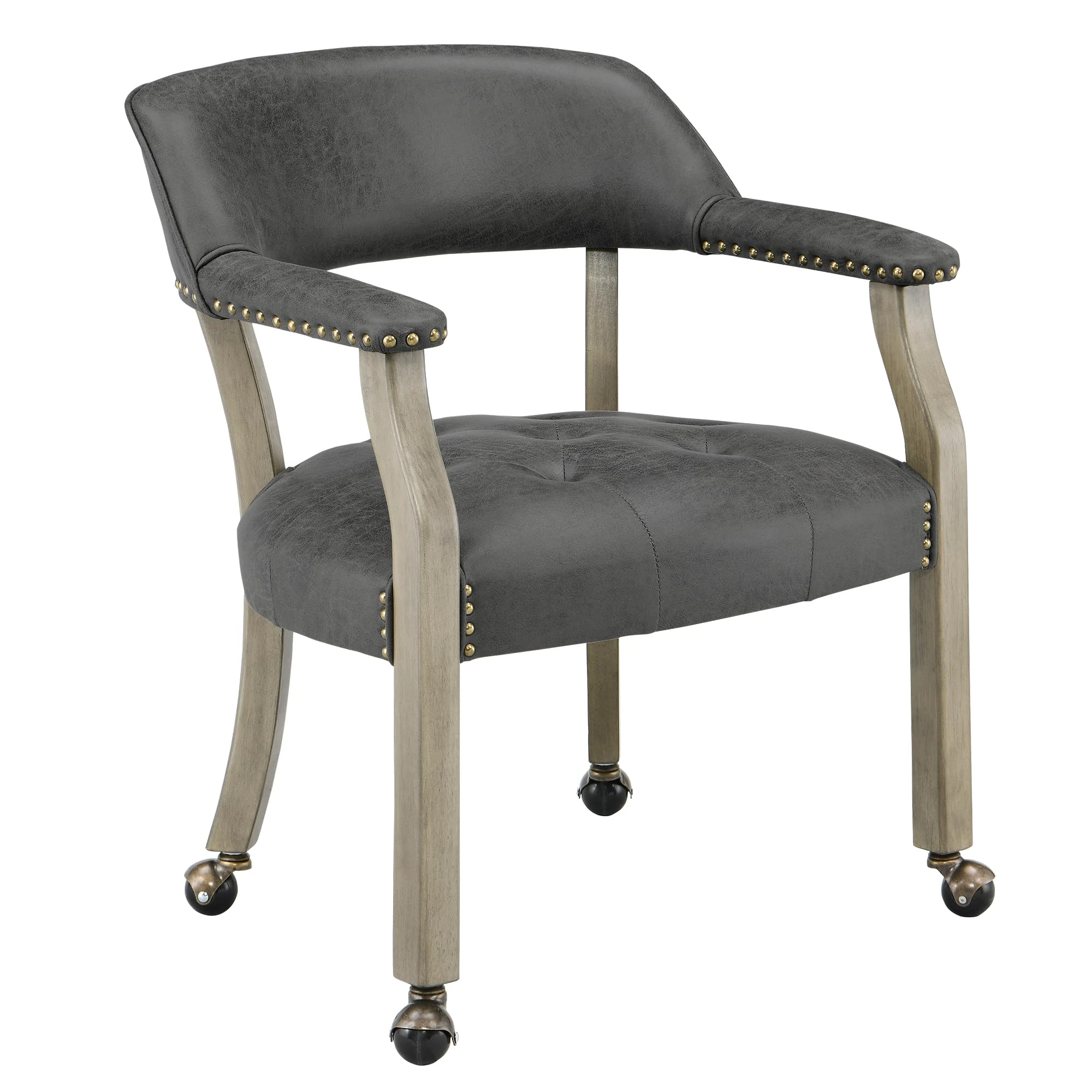 LEEMTORIG Large Dining Chairs with Casters and Arms, Rolling Dining Chairs with Wheels, Wood Boss Caption's Chairs, 26" D x 25.2" W x 31.5" H, Grey Legs & Dark Grey Fabric SY-1318-GY