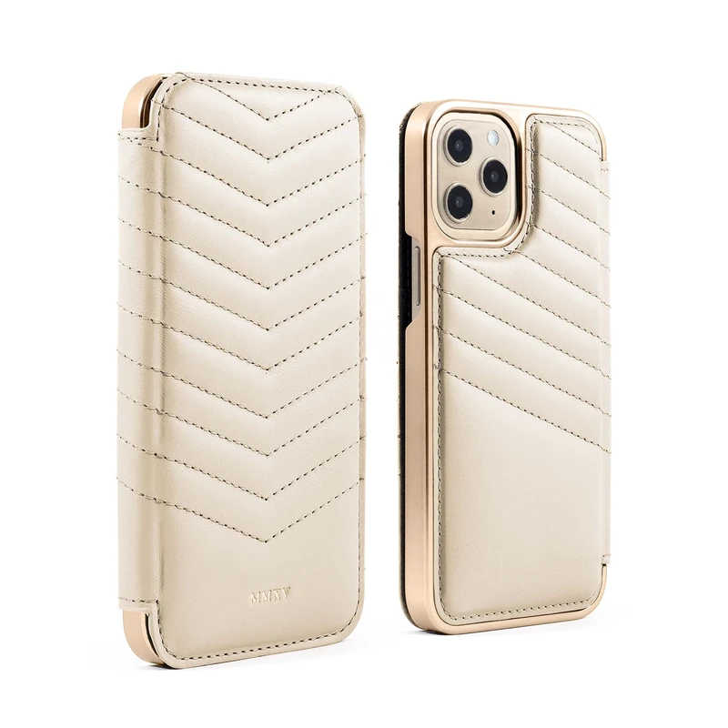 Greenwich PORTLAND Quilted Leather Case for iPhone 13 Pro Max Compatible with MagSafe Wireless Charging - Shortbread (Cream) / Gold
