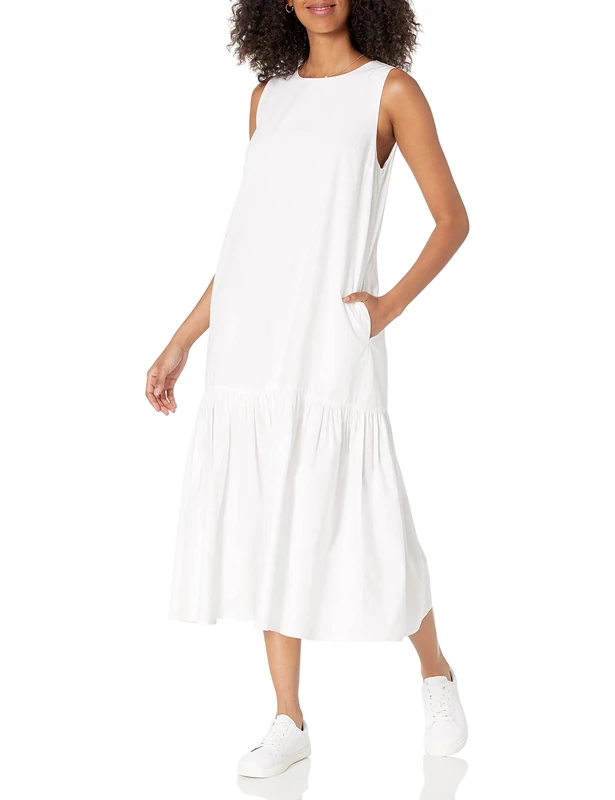 The Drop Women's Ilana Loose Sleeveless Wide-Hem Poplin Maxi Dress, White, XS