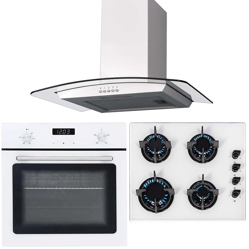 SIA 60cm White Single Electric Fan Oven 4 Burner Gas Hob & Curved Cooker Hood