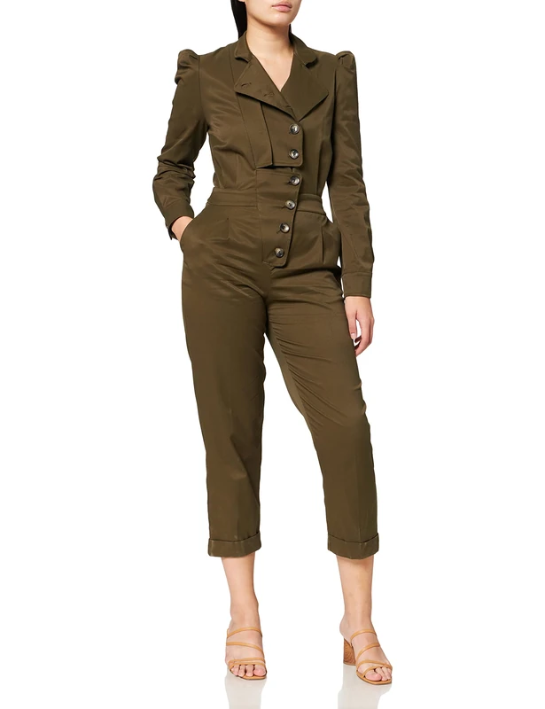 IPEKYOL Women's Diagonal Fabric Jumpsuit with Button Accessories, Light Khaki, 36