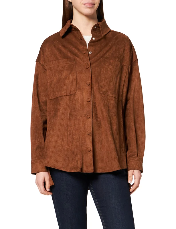 IPEKYOL Women's HIPS Laser Cut Suede Shirt Jacket, Brown, 40