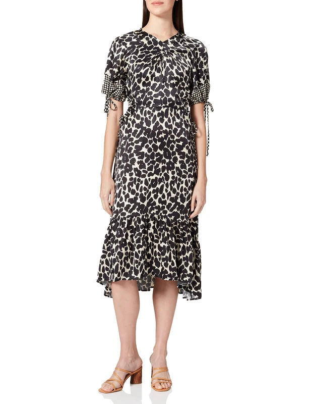 IPEKYOL Women's Crew Neck Satin Leopard Printed Dress, Black, 36