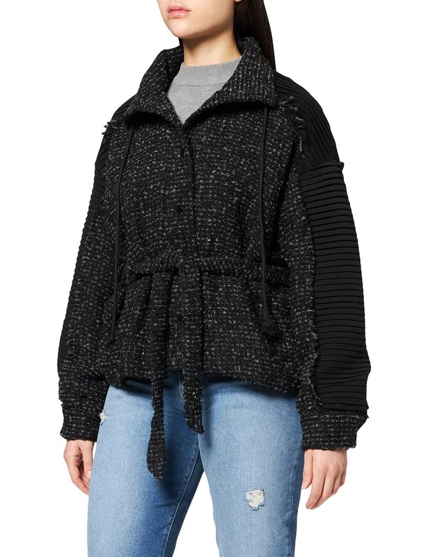 IPEKYOL Women's Belted Fabric-Blend Coat Jacket, Black, 36