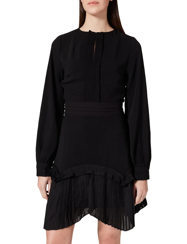 IPEKYOL Women's Crew Neck Pleat Detailed Dress, Black, 36