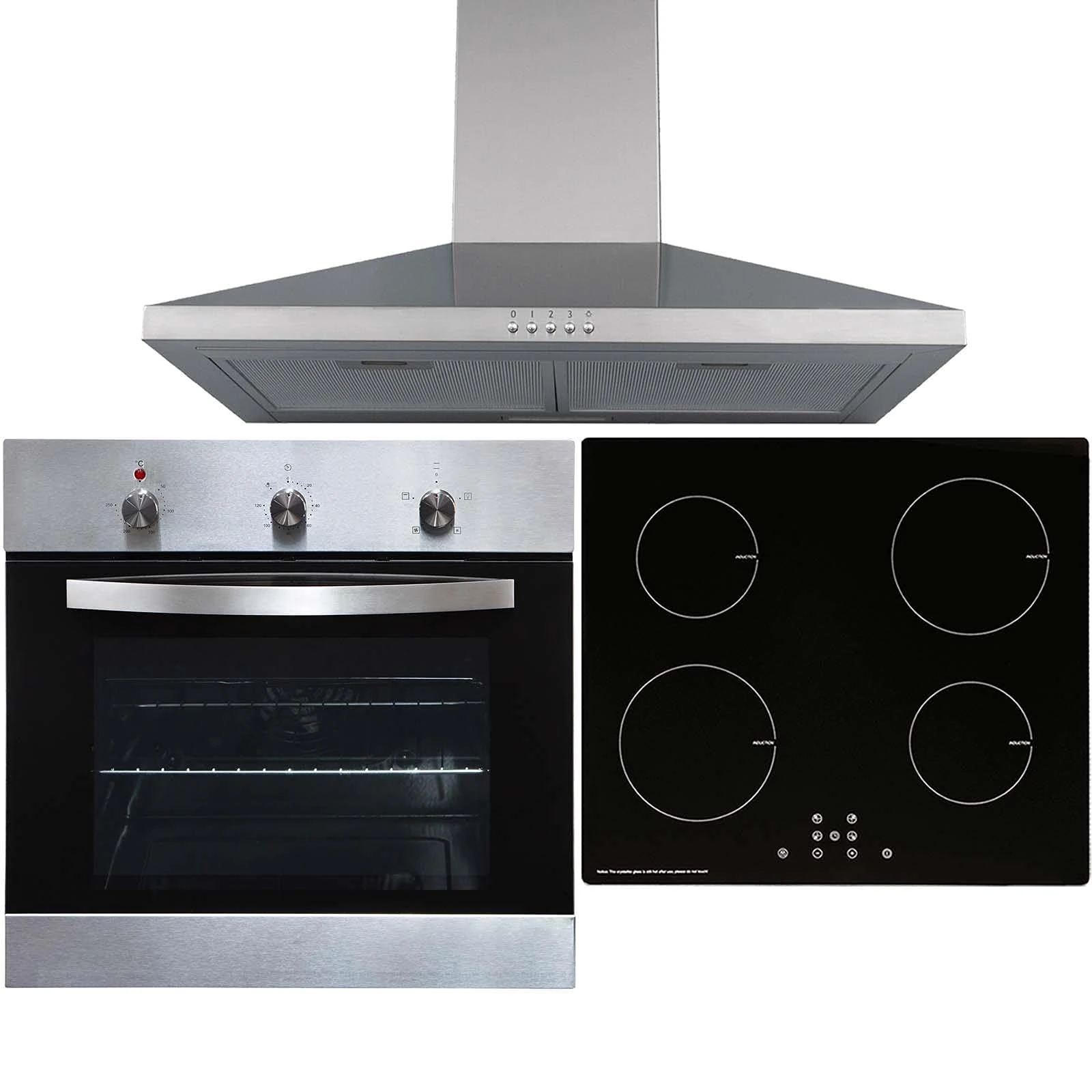 SIA SO113SS 60cm Stainless Steel Built-in/Under Single Electric Fan Oven, INDH60BL 4 Zone Touch Control Induction Hob & CHL60SS Chimney Cooker Hood