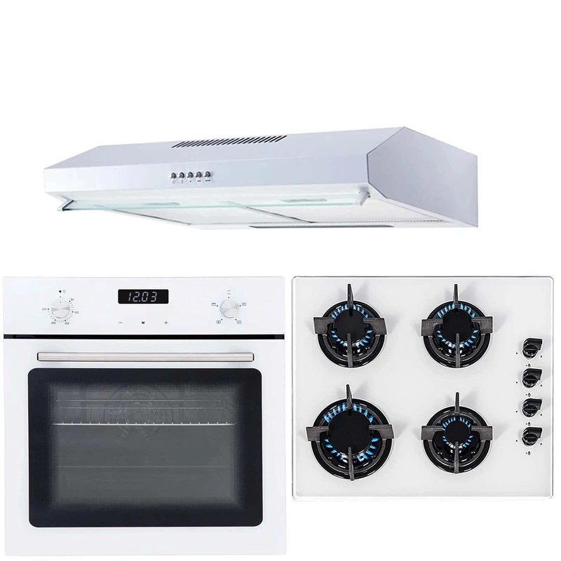 SIA 60cm SO103WH White Touch Control Fan Oven, GHG602WH 4 Burner Gas Hob & VRS60WH Visor Cooker Hood Extractor Fan