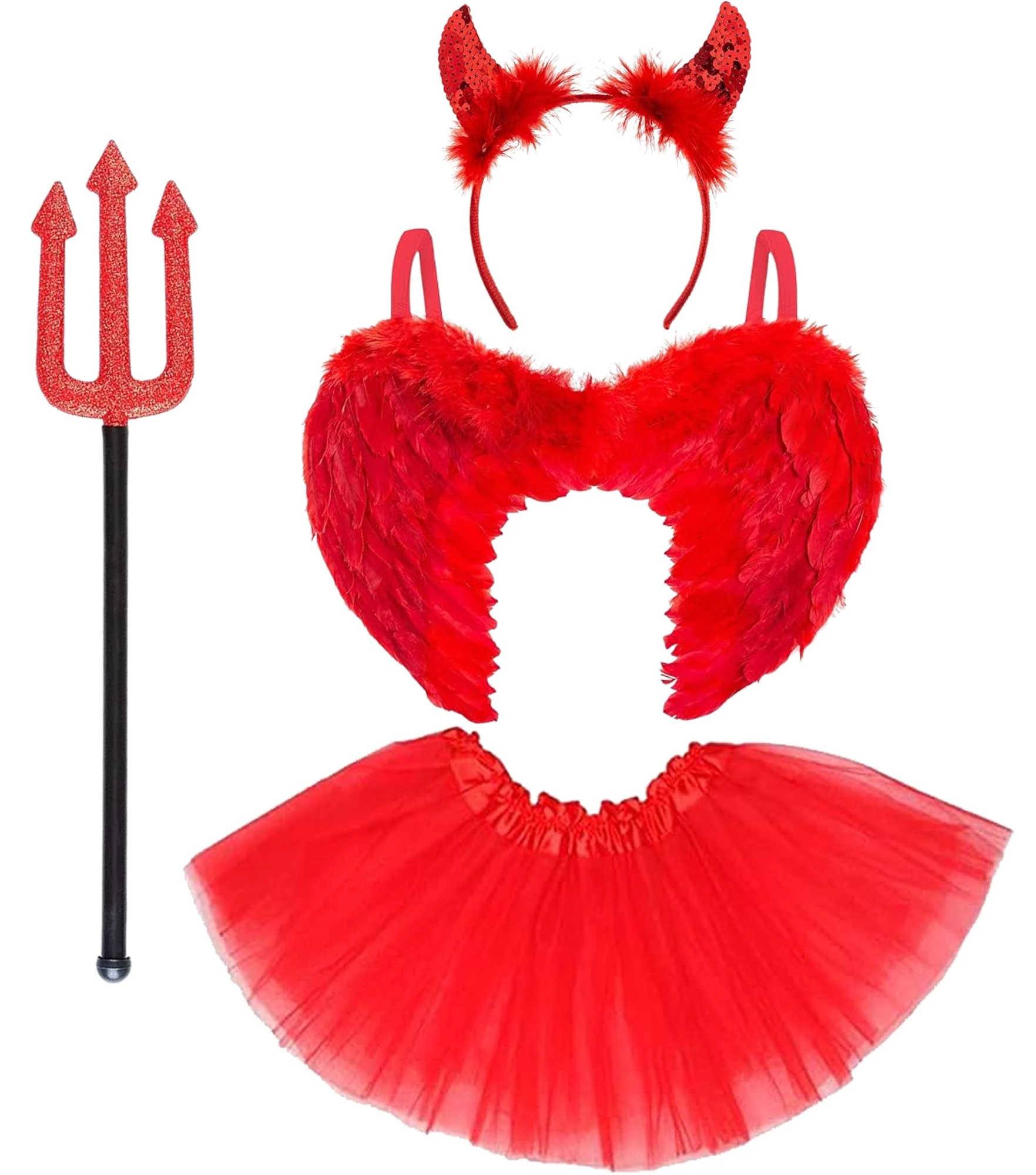 REDSTAR 4pc Red Devil Costume Women Halloween Costumes - Red Wings Sequin Horns Headband Tutu Skirt and Pitchfork Halloween Ladies Devil Outfit - Fallen Angel Fancy Dress Accessories