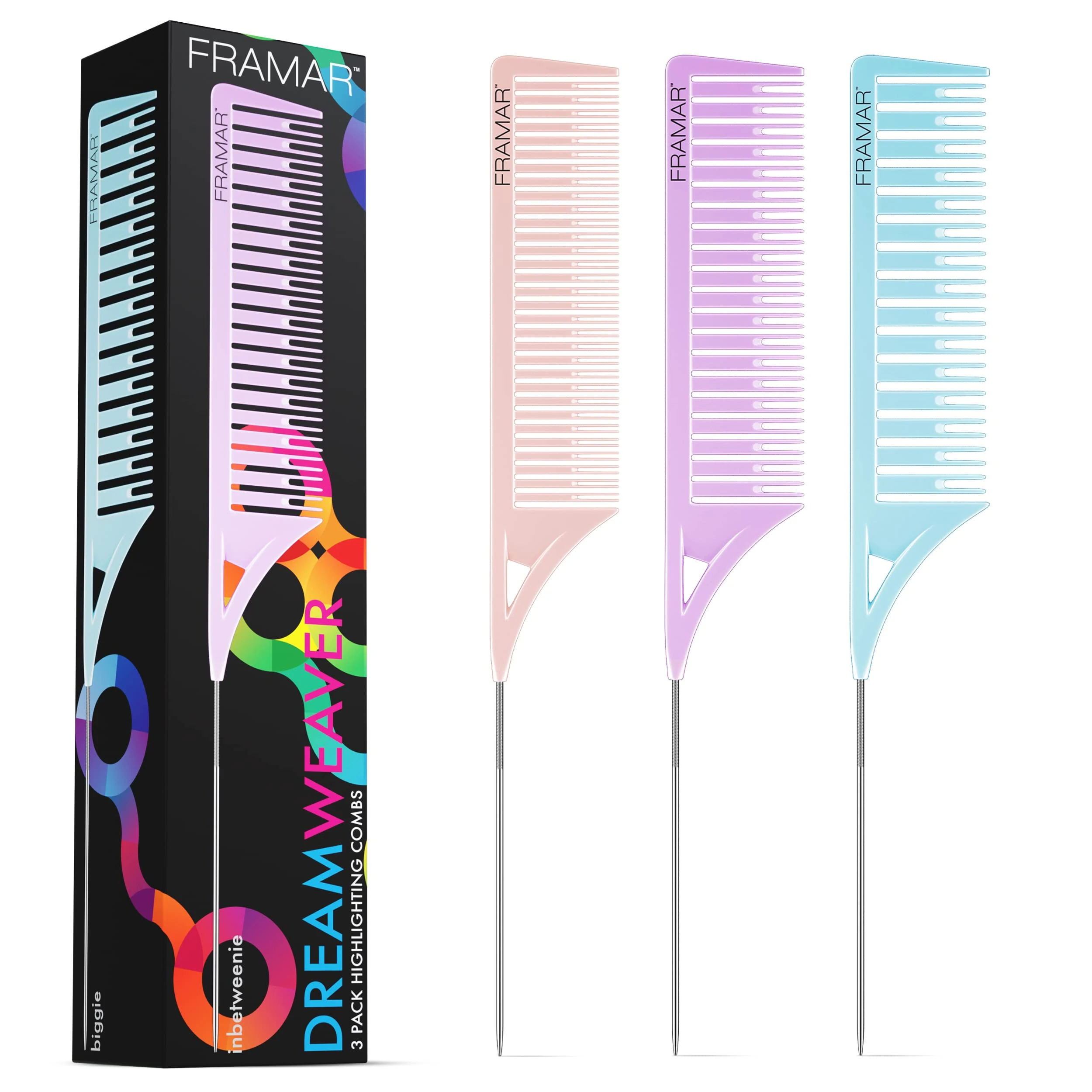FRAMAR Dreamweaver Highlighting Comb Set – Rat Tail Hair Combs With Metal Tail, Highlight Comb Hair Dye Accessories, Tail Combs, Reduces Highlighting Time By Quickly Separating Hair – 3 Pack Pastel