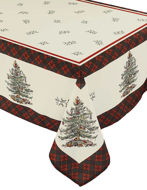 Spode - Fabric Tablecloth, Holiday Home Decor Christmas Tree Tartan Collection, 60" x 144" - Image 1