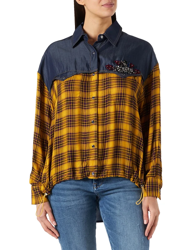 IPEKYOL Women's Adjustable Waist Denim Mix Plaid Pattern Shirt, Dark Purple, 36