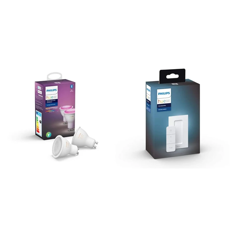 Philips Hue White & Colour Ambiance Smart Light Bulb Spot Twin Pack LED [GU10] with Bluetooth - 1100 Lumen + Hue Dimmer Switch. Works with Alexa, Google Nest, Apple Homekit.