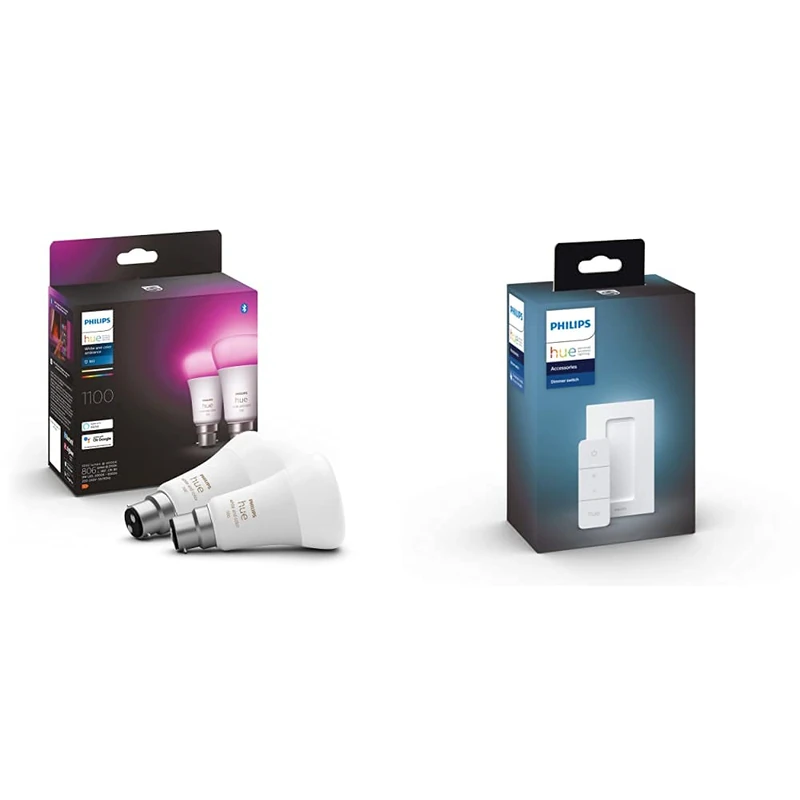 Philips Hue White & Colour Ambiance Smart Light Bulb Twin Pack LED [B22] with Bluetooth - 1100 Lumen + Hue Dimmer Switch. Works with Alexa, Google Nest, Apple Homekit.