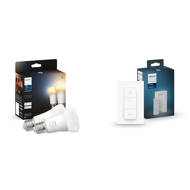 Philips Hue White Ambiance Smart Light Bulb Twin Pack LED [E27] with Bluetooth - 1100 Lumen + Hue Dimmer Switch. Works with Alexa, Google Assistant and Apple Homekit.