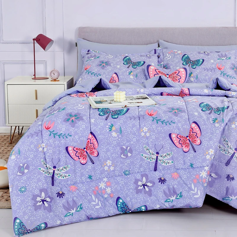 Mooreeke Kids Twin Comforter Sets for Girls 6 Pieces Butterfly Purple Bedding Set for Teens Soft Microfiber Kids Bed in A Bag with Comforter, Sheet Set, Shams and Decorative Toy Pillow All Season