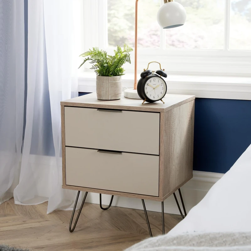 Home Source Bedside Cabinet Lamp Side Table, Driftwood Calico Finish, Grey Hairpin Legs, 2 Drawer