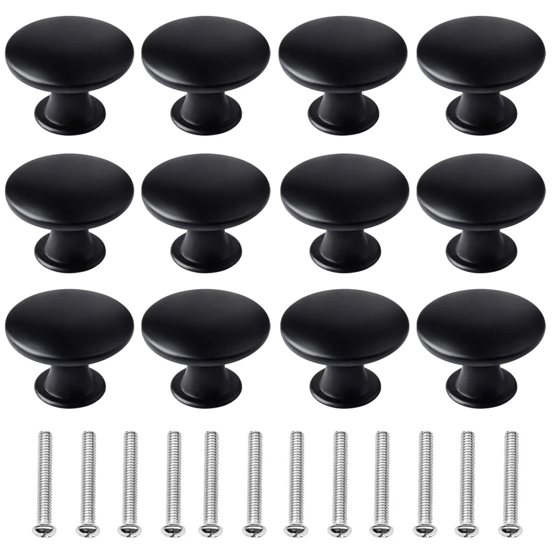 kuou 12 Pcs 30mm Black Matted Round Cabinet Knobs, Kitchen Cupboard Handles, Vintage Style, 12 Screws Included