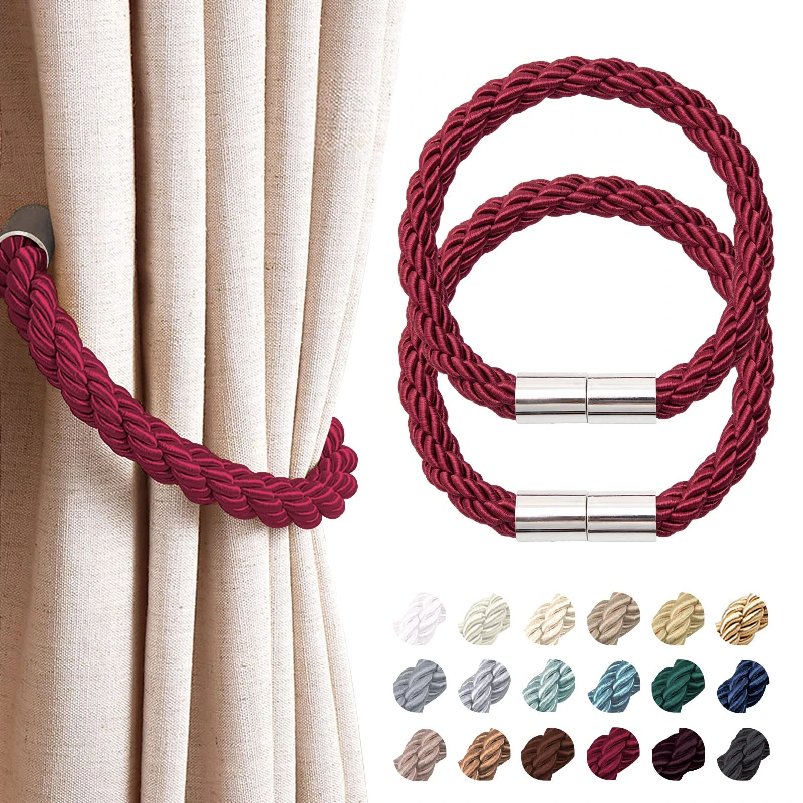 Pretty Jolly 2 Pack Strong Magnetic Curtain Tiebacks Modern Simple Style Drape Tie Backs Convenient Decorative Weave Rope Curtain Holdback for Thin or Thick Home & Office Window Drapery (Wine Red)