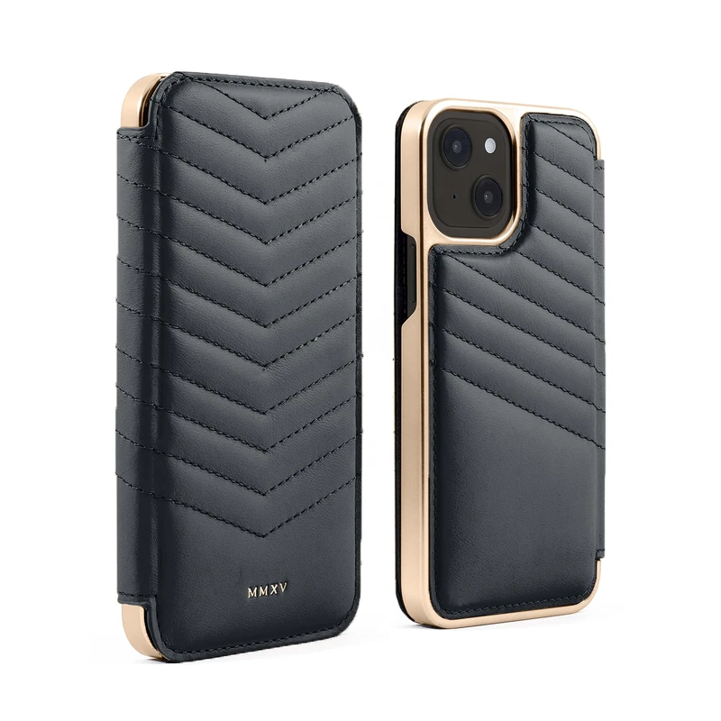 Greenwich PORTLAND Leather Case for iPhone 13 Compatible with MagSafe Wireless Charging - Beluga (Black) / Gold