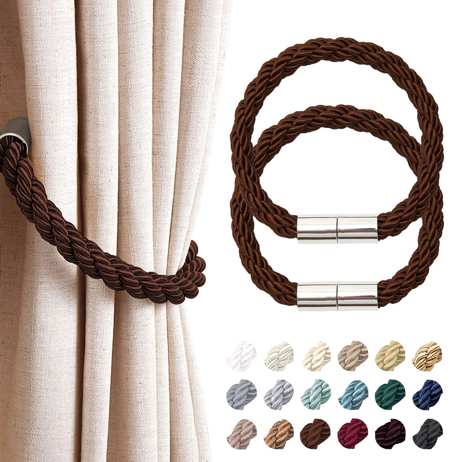 Pretty Jolly 2 Pack Strong Magnetic Curtain Tiebacks Modern Simple Style Drape Tie Backs Convenient Decorative Weave Rope Curtain Holdback for Thin or Thick Home & Office Window Drapery (Deep Coffee)