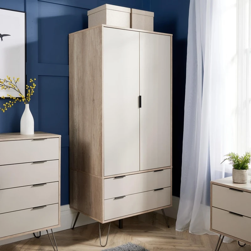 Home Source 2 Door Wardrobe Cupboard, Industrial Storage Cabinet, Woodgrain Finish, 2 Drawer