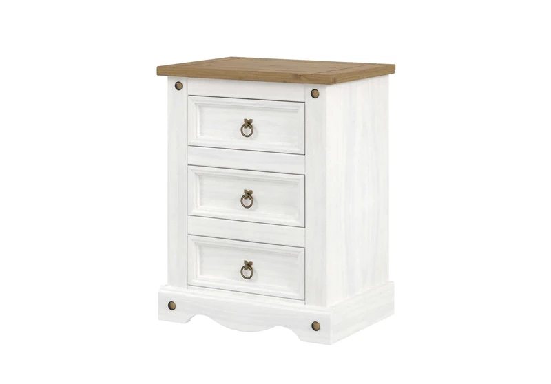 Home Source Corona Distressed Waxed Pine 3 Drawer Bedside Nightstand, White